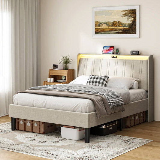 Pluvia Full Bed – Fabric Upholstered Headboard Platform with Wood Slats (Upholstered Base)