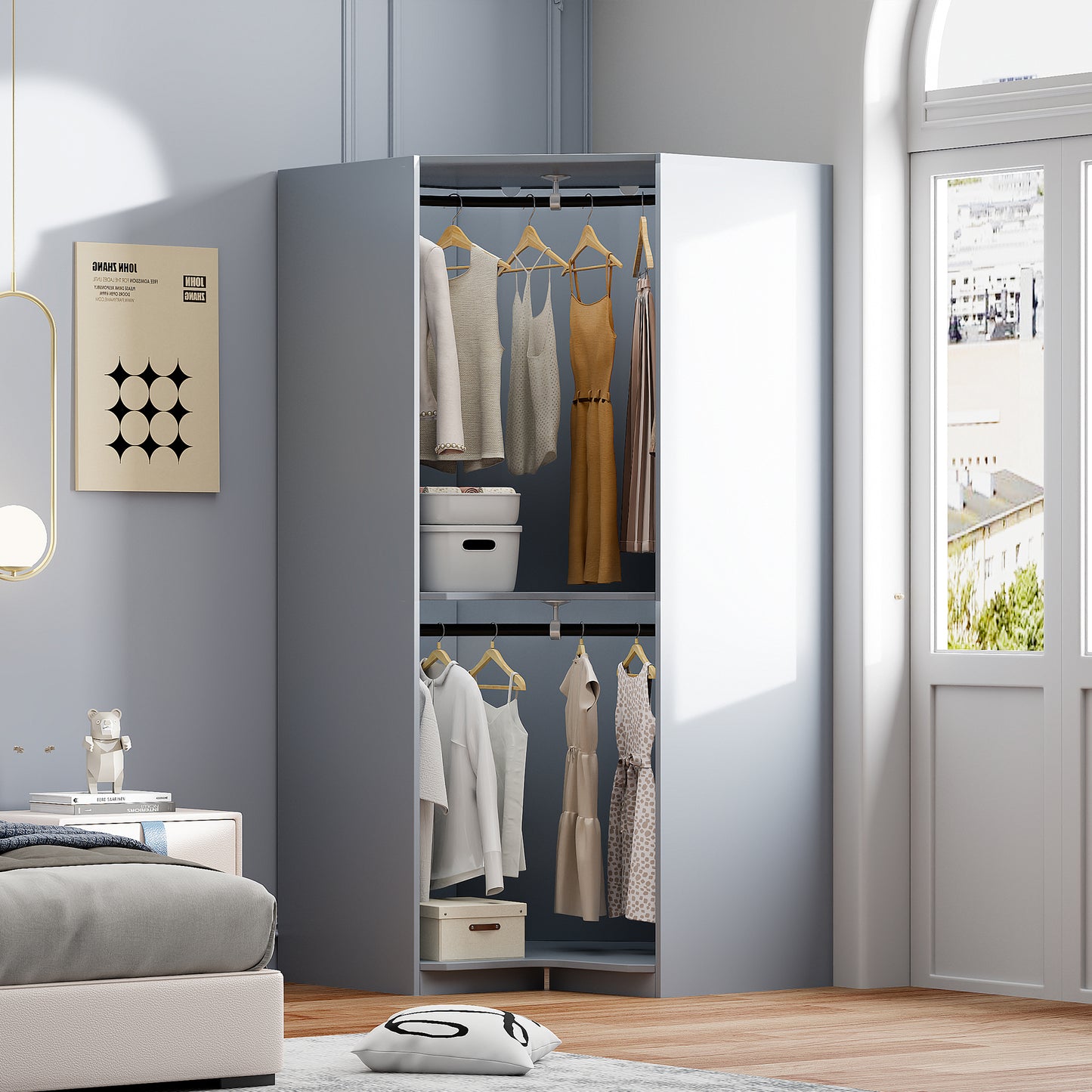 Corna 3‑Door Corner Wardrobe – Smart Fit for Corners, Gray Finish with Inner Shelves & Rods