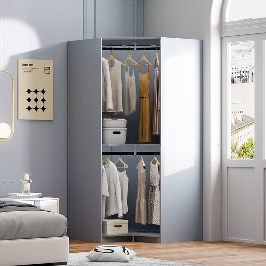 Corna 3‑Door Corner Wardrobe – Smart Fit for Corners, Gray Finish with Inner Shelves & Rods