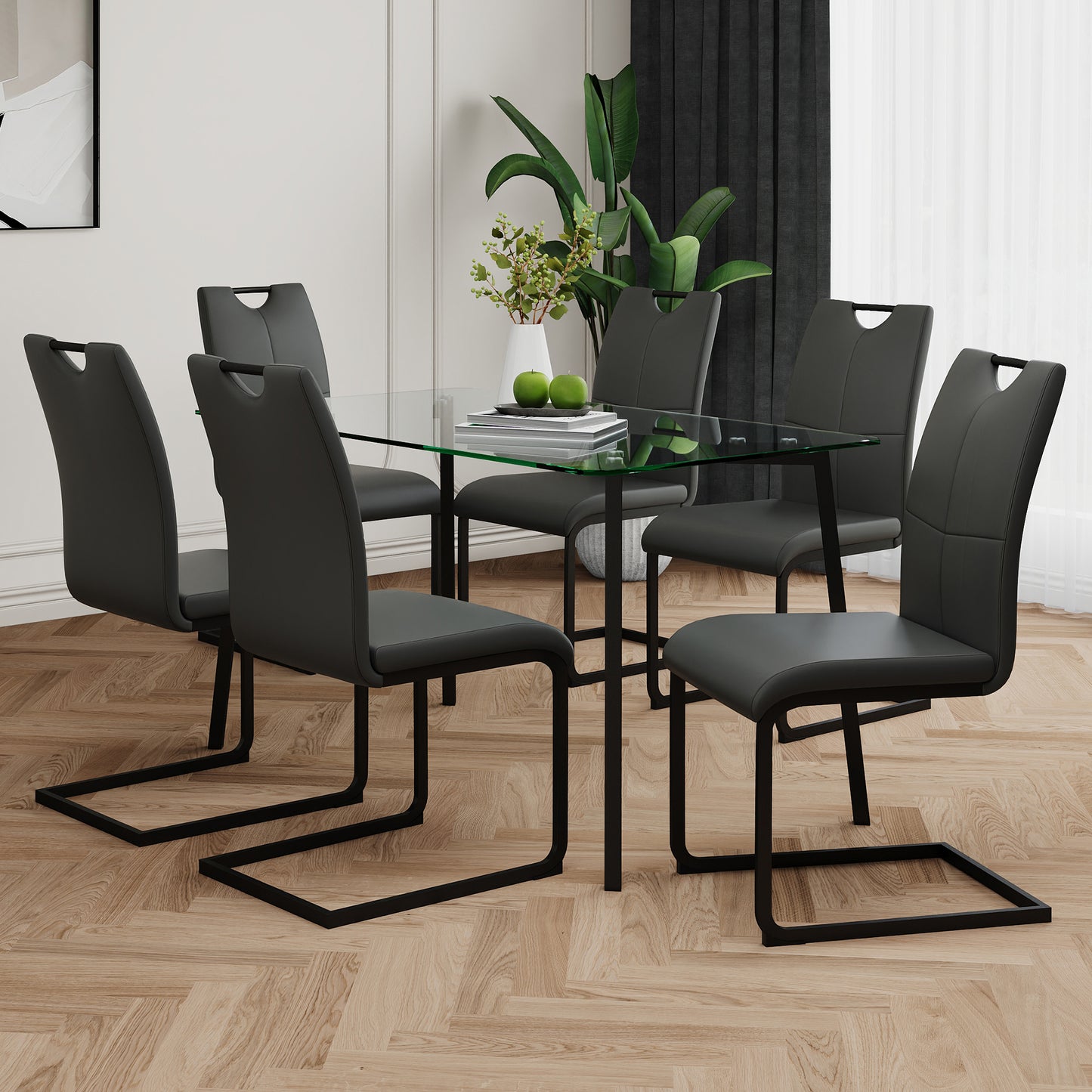 Avera 7-Piece Glass Dining Set – Charcoal PU Chairs with Black Base, Round Clear Table