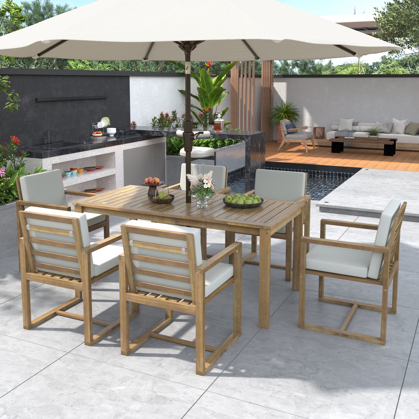 Tevara Patio Dining Set – Light Teak Table & Chair Set with Removable Cushions for Backyard or Garden