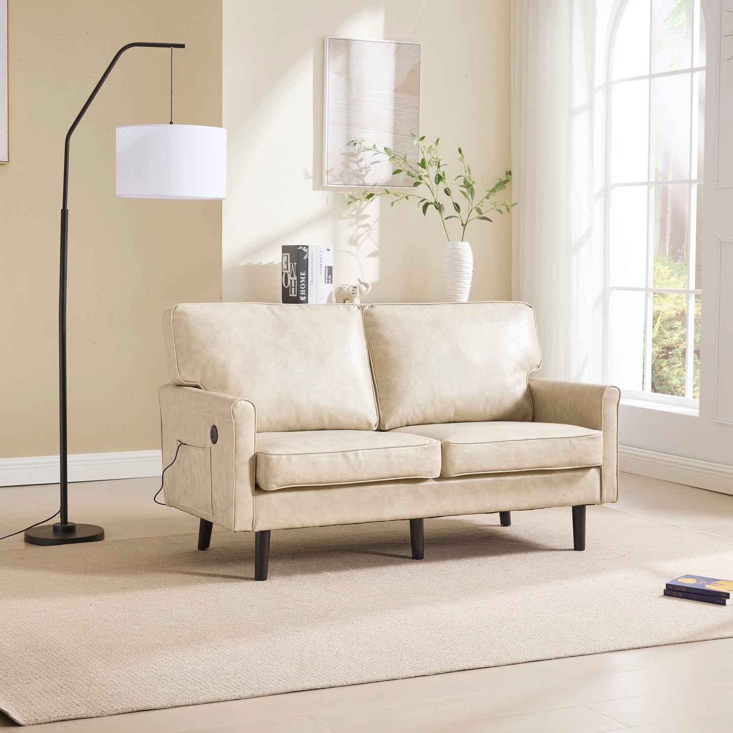 The Coolmore Haven – Camel PU Loveseat with USB Port & Removable Pillow Covers