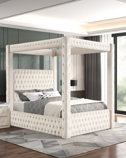 Majesta Canopy Bed – Ivory Velvet Four-Poster Queen with Tufted Panels