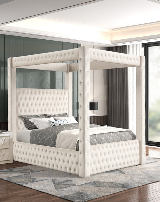 Majesta Canopy Bed – Ivory Velvet Four-Poster Queen with Tufted Panels