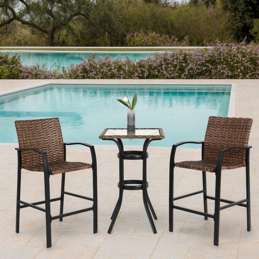 Ravine 3-Piece Wicker Bar Set – Brown Rattan Stools with Glass-Top Table for Outdoor Spaces