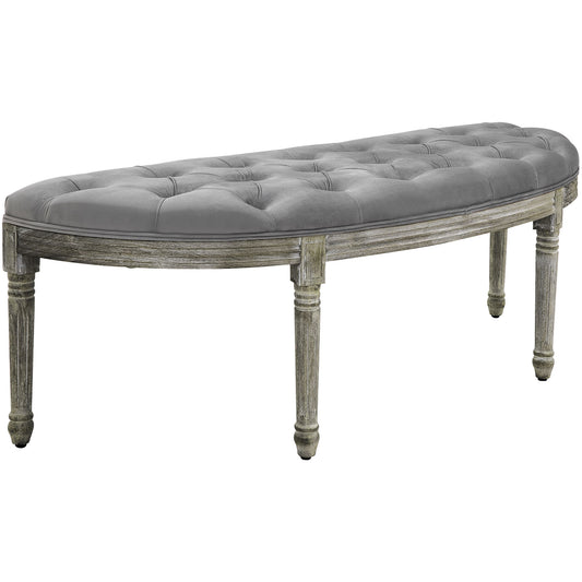 Rovell Half-Round Tufted Bench – Gray Vintage Velvet Seating with Wood Legs