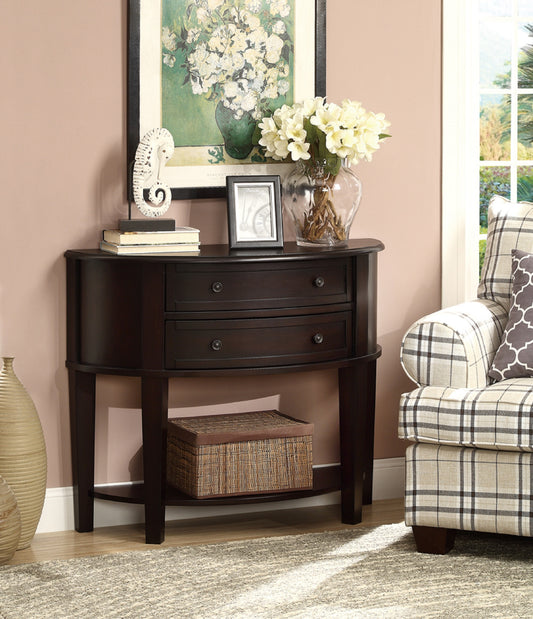 Cappelle Console Table – Demilune TwinDrawer with Lower Arch Shelf in Cappuccino Finish