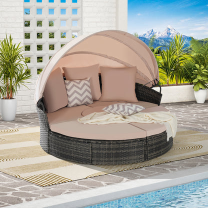 Solvara Round Daybed Set – 5-Piece Wicker Canopy Lounge with Cushions & Hidden Side Table
