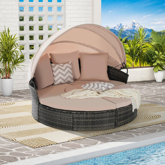 Solvara Round Daybed Set – 5-Piece Wicker Canopy Lounge with Cushions & Hidden Side Table