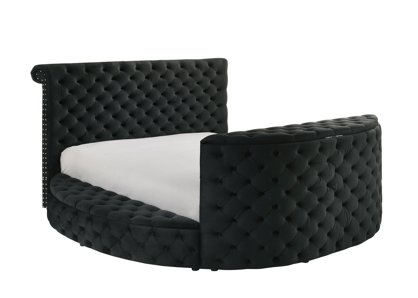 Vellatrix Queen Bed – Black Velvet Frame with TV Lift, Fireplace & Nailhead Accents