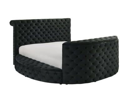 Vellatrix Queen Bed – Black Velvet Frame with TV Lift, Fireplace & Nailhead Accents
