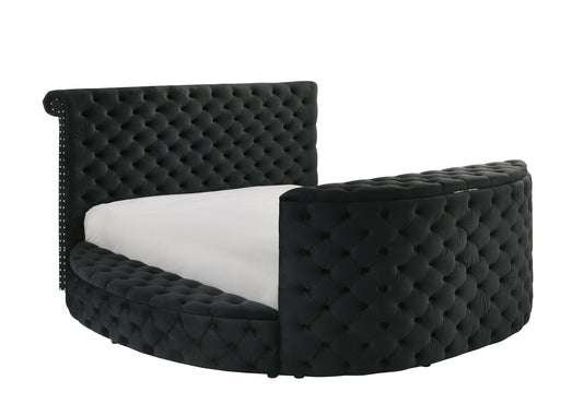 Vellatrix King Bed – Black Velvet Tufted Frame with TV Lift, Fireplace & Nailhead Trim
