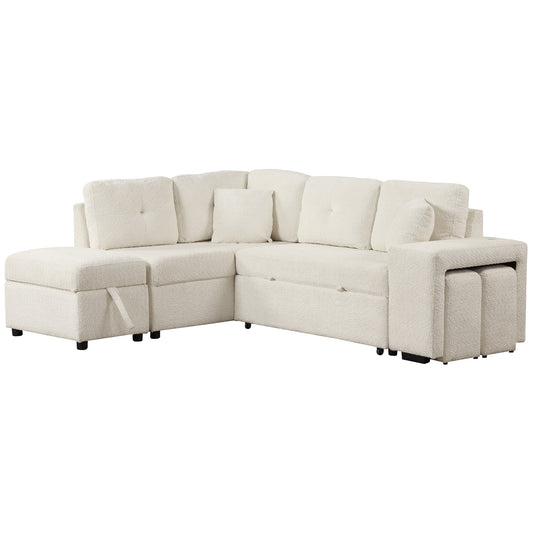JUSTLIVE NEST® Ovria Sleeper Sectional – Cream Chenille with Storage Ottoman, Stools, USB & Wireless Charging, Convertible Sofa Bed (87.7")