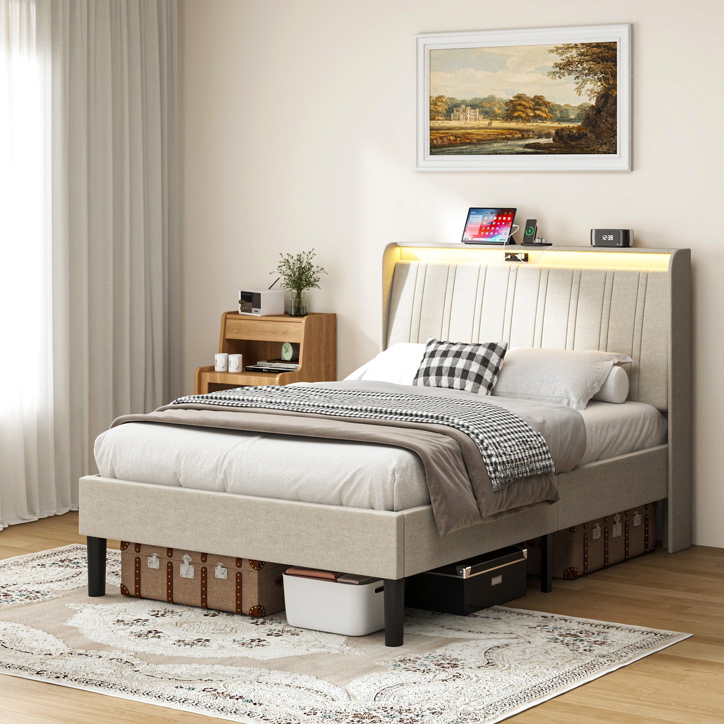 Pluvia Twin Bed – Fabric Upholstered Headboard Platform with Wood Slats