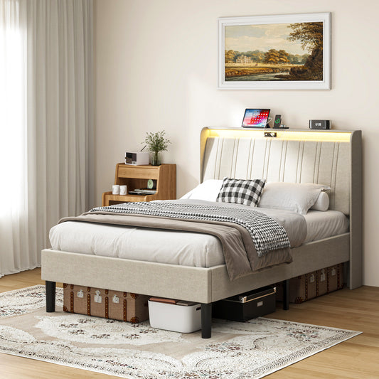 Pluvia Twin Bed – Fabric Upholstered Headboard Platform with Wood Slats