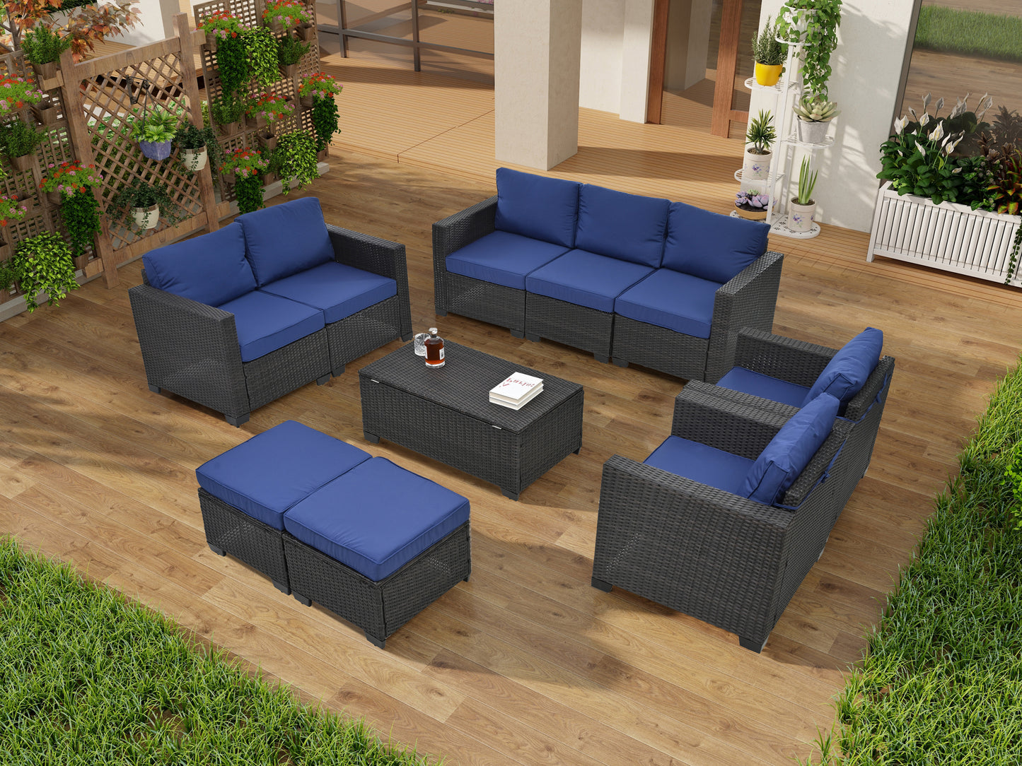 Solvara 10-Piece Patio Sectional – PE Rattan Sofa Set with Cushions & Tempered Glass Coffee Table