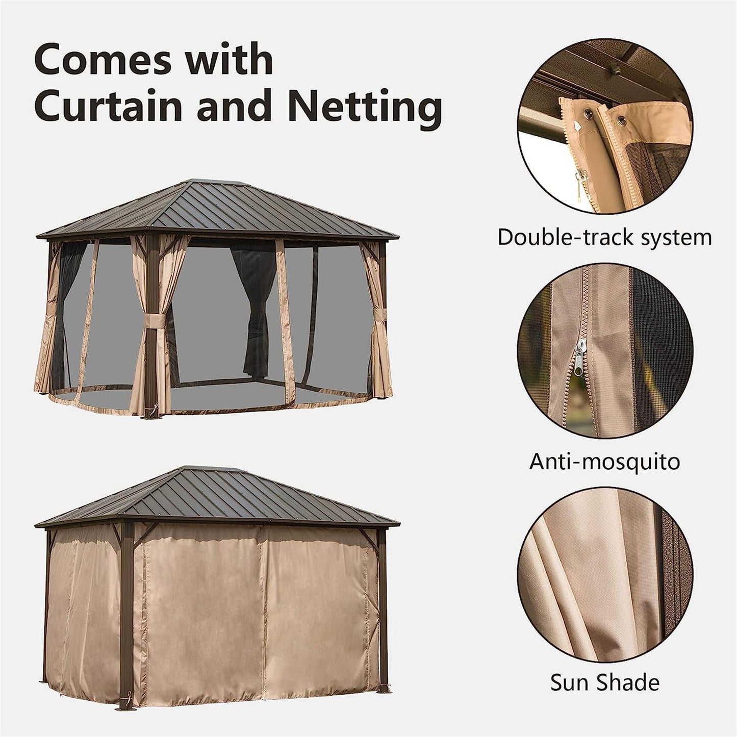 Aurelia 10x12' Steel Roof Gazebo – Dark Brown Aluminum Pavilion with Curtains & Netting - JUSTLIVE NESTJUSTLIVE NEST