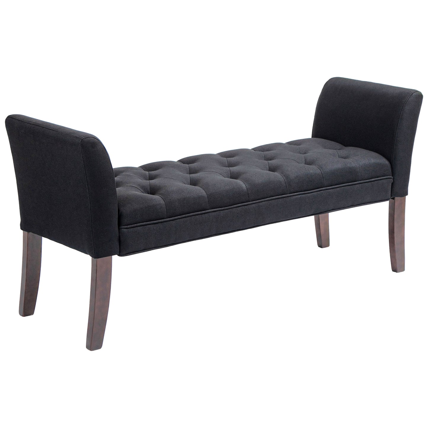 Hawen Tufted Bench with Arms – Black Upholstered Entryway Bench with Wood Legs