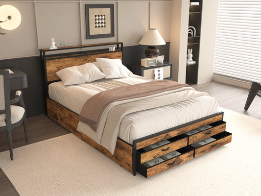 Vionix Queen Bed – 8-Drawer Metal Frame with LED Headboard & Charging Station (Brown)