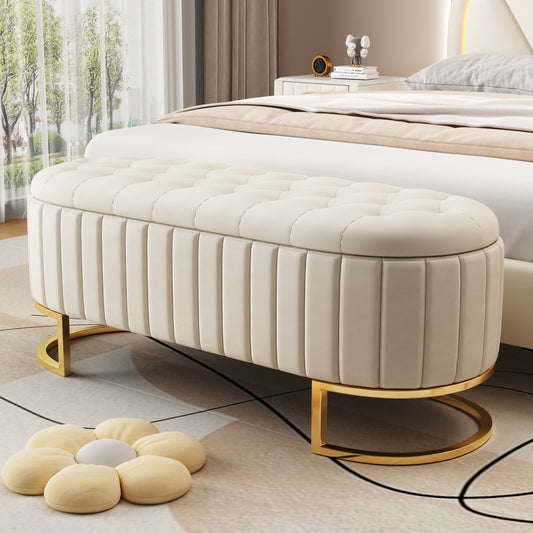 Elvyn Luxe Storage Ottoman – Beige Velvet Button-Tufted Bench with Gold Metal Legs