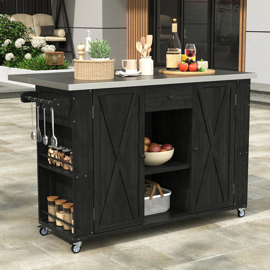 Grillan Fir Island – Outdoor Kitchen Table with Stainless Top & Storage Racks (Black Finish)