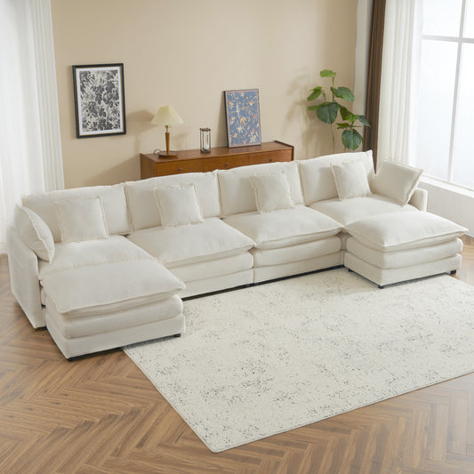 150' Modular Lounge – Oversized Corduroy L-Shape Sofa with Hidden Side Pockets (Beige)
