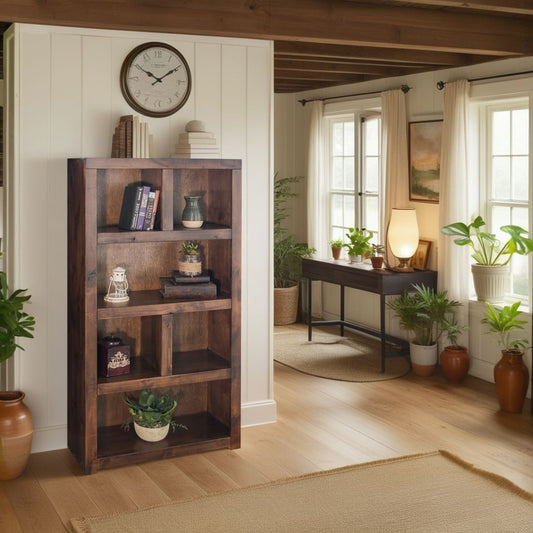 64 inch high Bookcase, No Assembly Required, Whiskey Finish