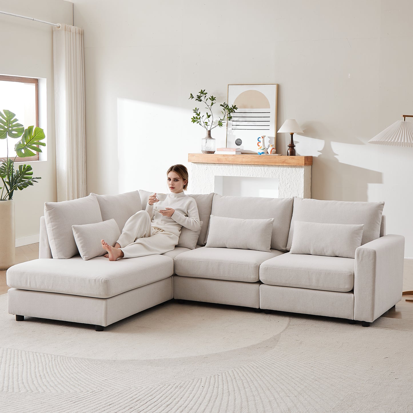 100' Modular Lounge – Convertible Comfort Sofa with Ottoman & Accent Pillows (Beige)