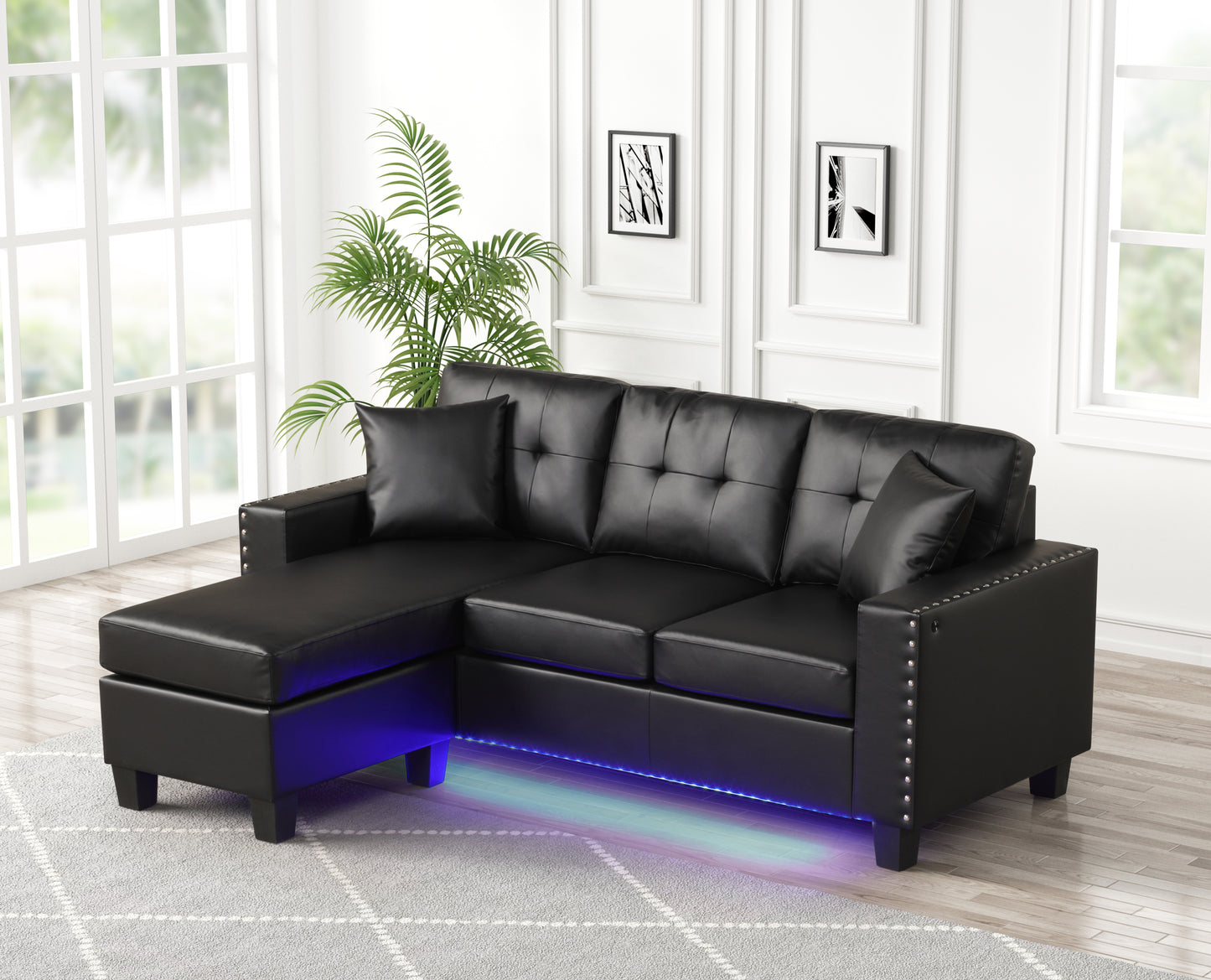 74' Designer Lounge – Plush Reversible Sofa with Ambient Lighting & Built-In Features (Black)