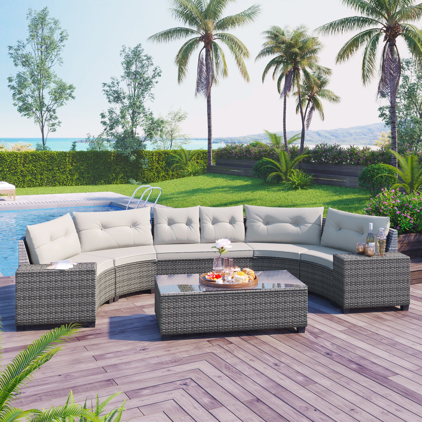GO 8-Piece Curved Wicker Sectional – Beige Half-Moon Outdoor Sofa Set with Coffee Table & Cushions