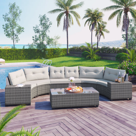 GO 8-Piece Curved Wicker Sectional – Beige Half-Moon Outdoor Sofa Set with Coffee Table & Cushions