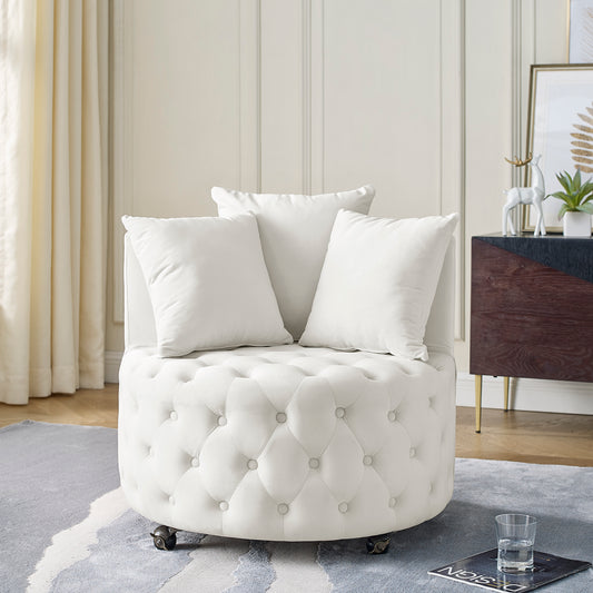 Orvia Swivel Chair – Beige Velvet Lounge Seat with 3 Pillows and Button Tufting
