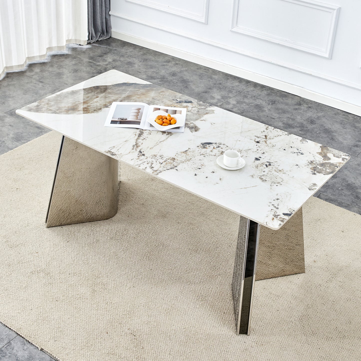 Pandore Rock Dining Table – 63'' White Pattern Slab Top with Silver Butterfly Base
