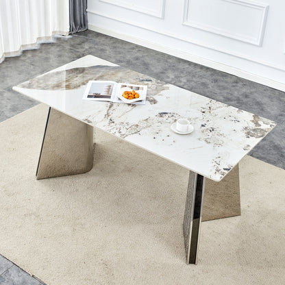 Pandore Rock Dining Table – 63'' White Pattern Slab Top with Silver Butterfly Base