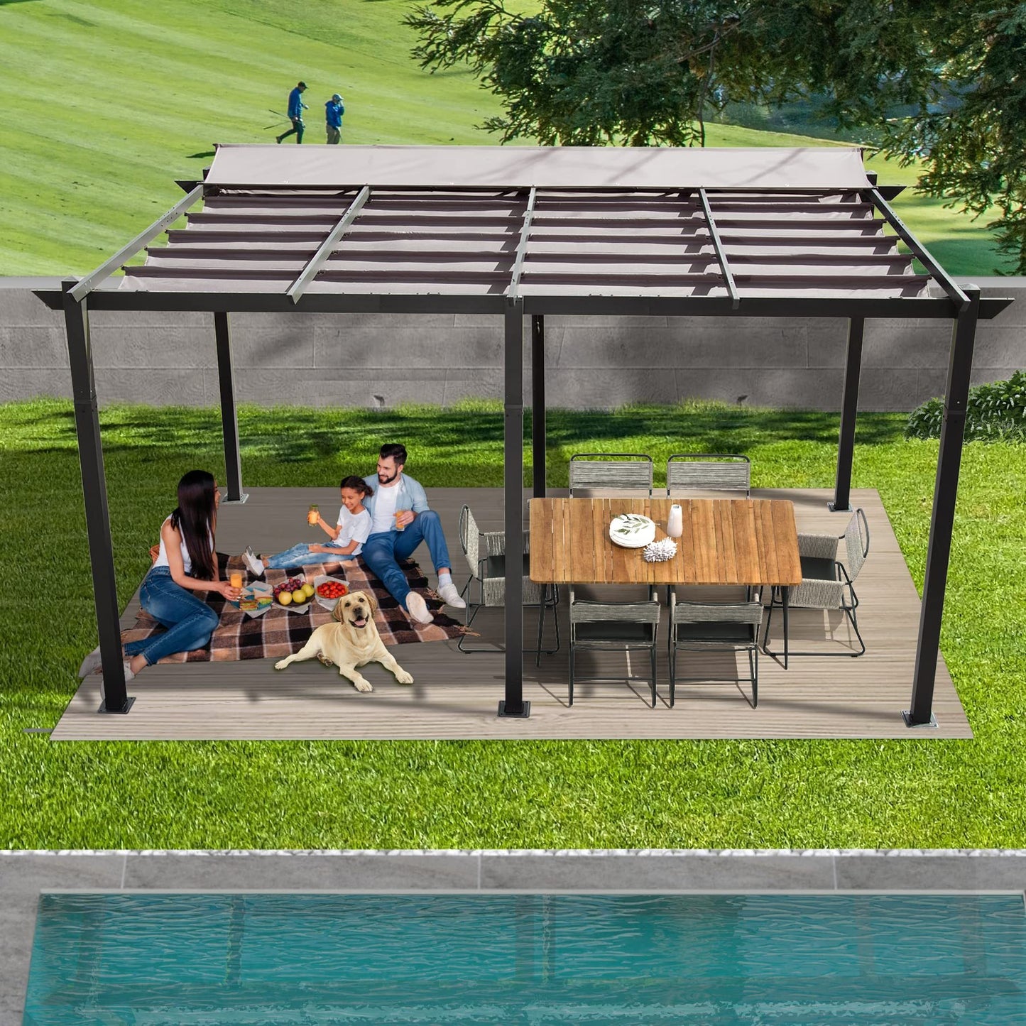 JUSTLIVE NEST® Veyra XL Pergola – 11x16ft Dark Gray GlideRoof Pavilion, All-Weather Courtyard Canopy