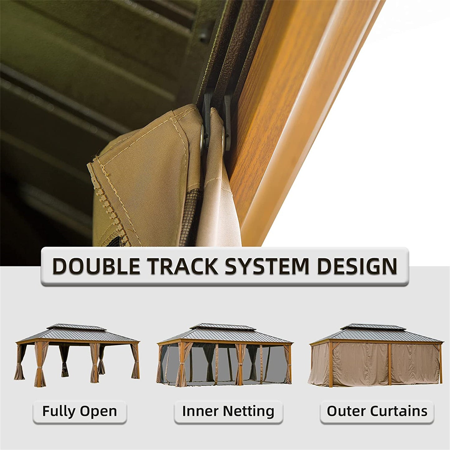 Aurelia 12x18' Hardtop Gazebo – Wood - Look Aluminum Frame with Steel Roof & Curtains - JUSTLIVE NESTJUSTLIVE NEST