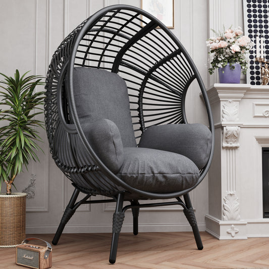 Nestra Modern Egg Chair – Black Rattan Patio Chair with Soft Gray Cushion