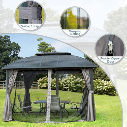 Aurelia 10x12' Hardtop Gazebo – Aluminum Frame Pavilion with Double Steel Roof, Curtains & Netting - JUSTLIVE NESTJUSTLIVE NEST