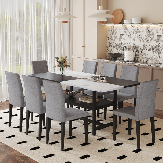 Duowood 9‑Piece Dining Set – Two-Tone Table with Storage and 8 Gray Linen Chairs