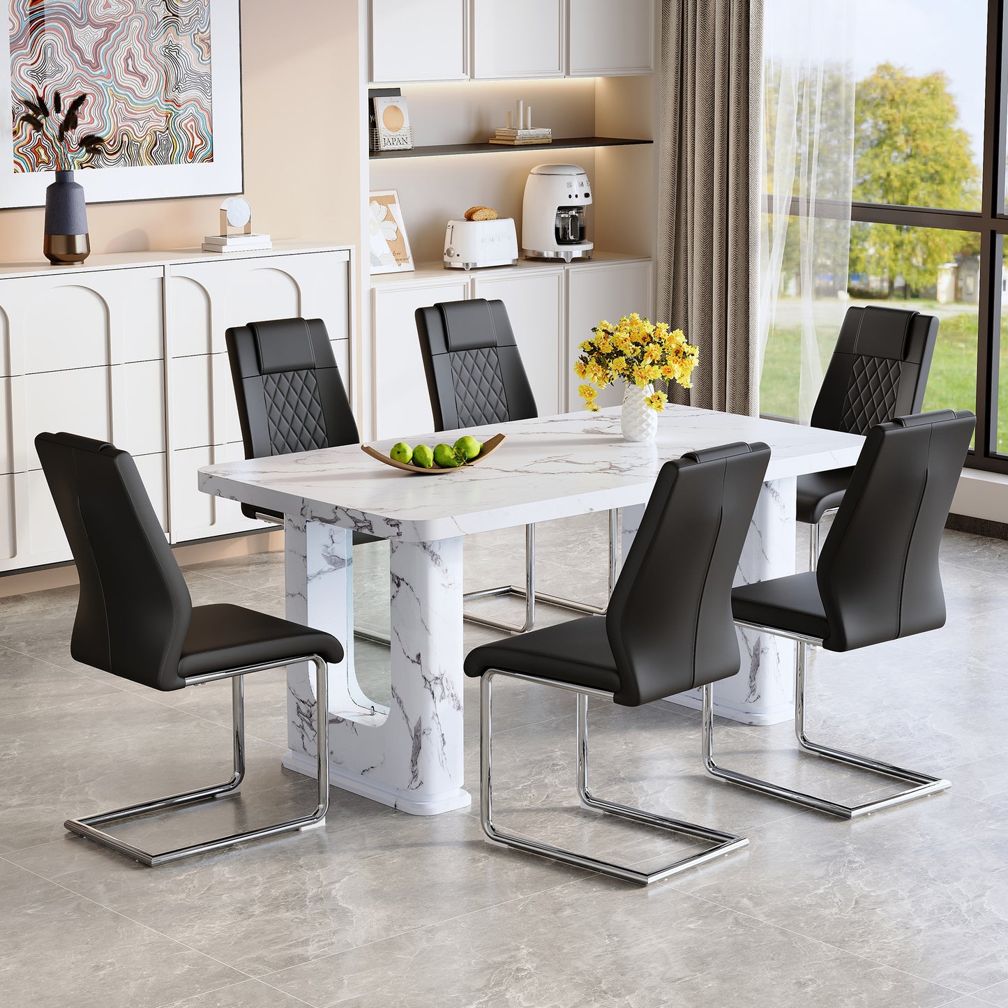 Fayno 7‑Piece Dining Set – White Marble Look Table with 6 Black PU Chairs, Silver Arched Legs