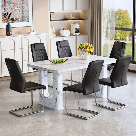Fayno 7‑Piece Dining Set – White Marble Look Table with 6 Black PU Chairs, Silver Arched Legs