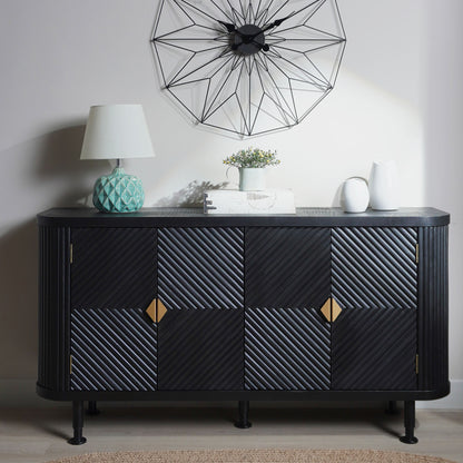 Stravelle Quad Console – 4-Door Black Accent Cabinet with Adjustable Shelves