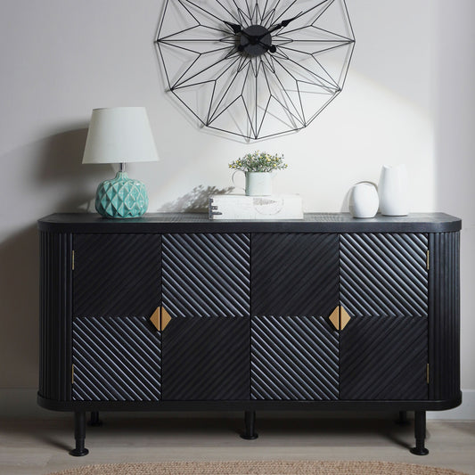 Stravelle Quad Console – 4-Door Black Accent Cabinet with Adjustable Shelves