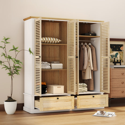 Valden StripeWard – 4-Door Wardrobe with Shutter Design & 2 Lower Drawers – White & Natural