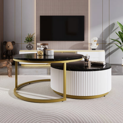 Auron Nesting Table – 27.6" Fluted Round Form in Black & Gold with Hidden Drawer