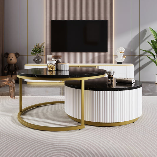 Auron Nesting Table – 27.6" Fluted Round Form in Black & Gold with Hidden Drawer
