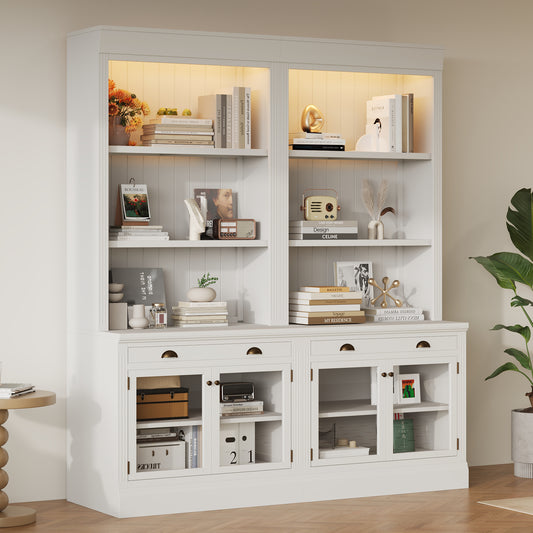 Lunaris Sliding Bookcase – 83.4'' White LED Bookshelf with Sliding Doors and Open Shelving