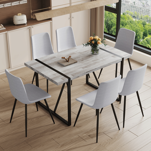 Nomyn 63" Retro Dining Collection – Textura MDF Tabletop with 6 Loftline Gray Linen Chairs