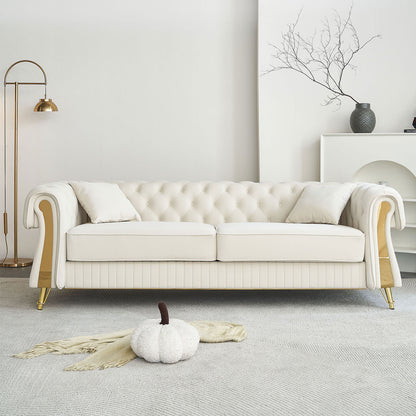 NestEdge ‘ChesterNest” 89” Sofa – Beige Tufted Velvet | 2 Cushions + 2 Toss Pillows