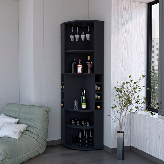 Clifton Bar Cabinet – Corner Unit with 5 Shelves, Cup Hanger, and 8 Wine Slots (Black)